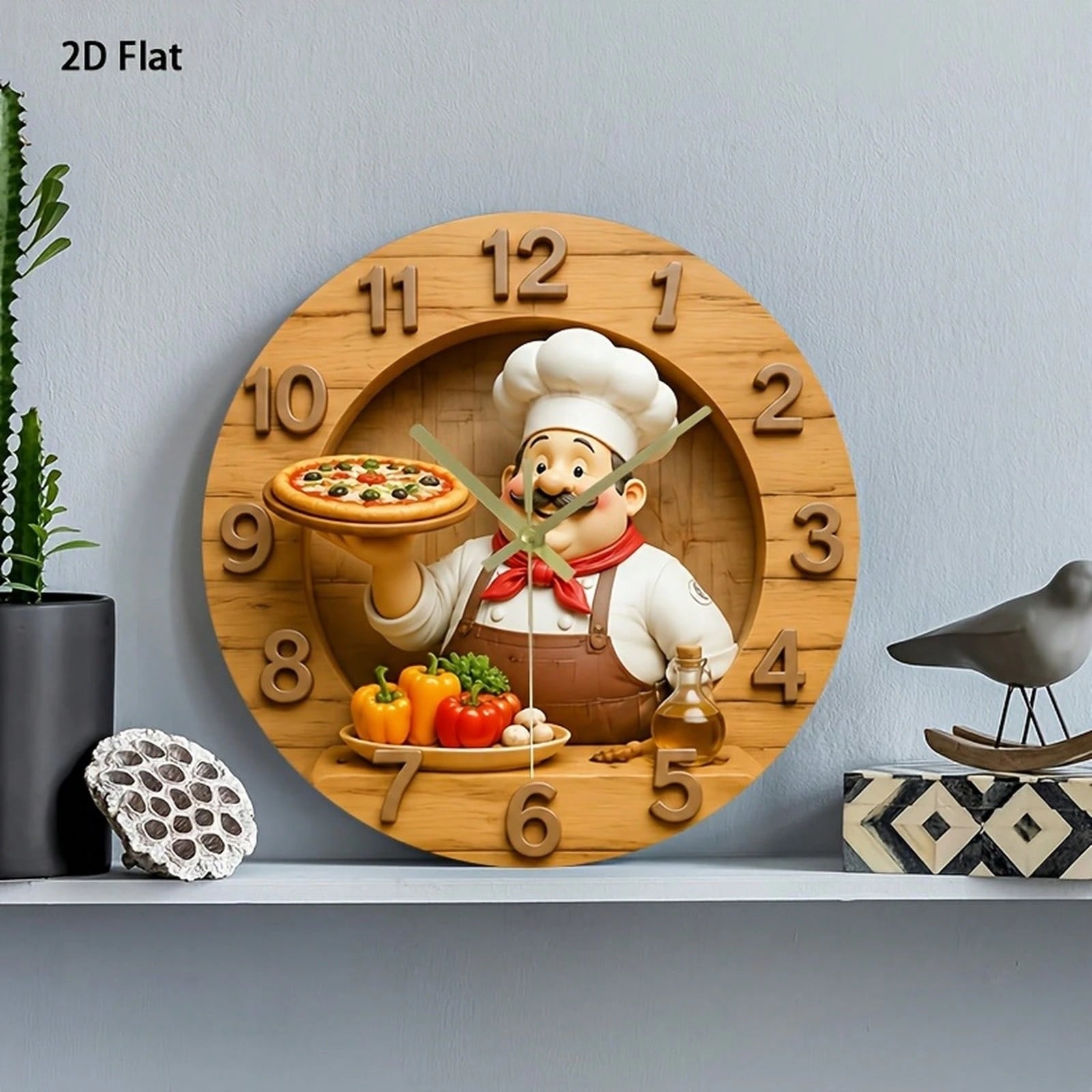 1Pc 2D Flat Retro Fat‑Mustache Chef Pizza Bell Pepper Olive Oil Print Wall Clock, 12Inch Silent Wooden Round Clock For Kitchen Classroom Office Home