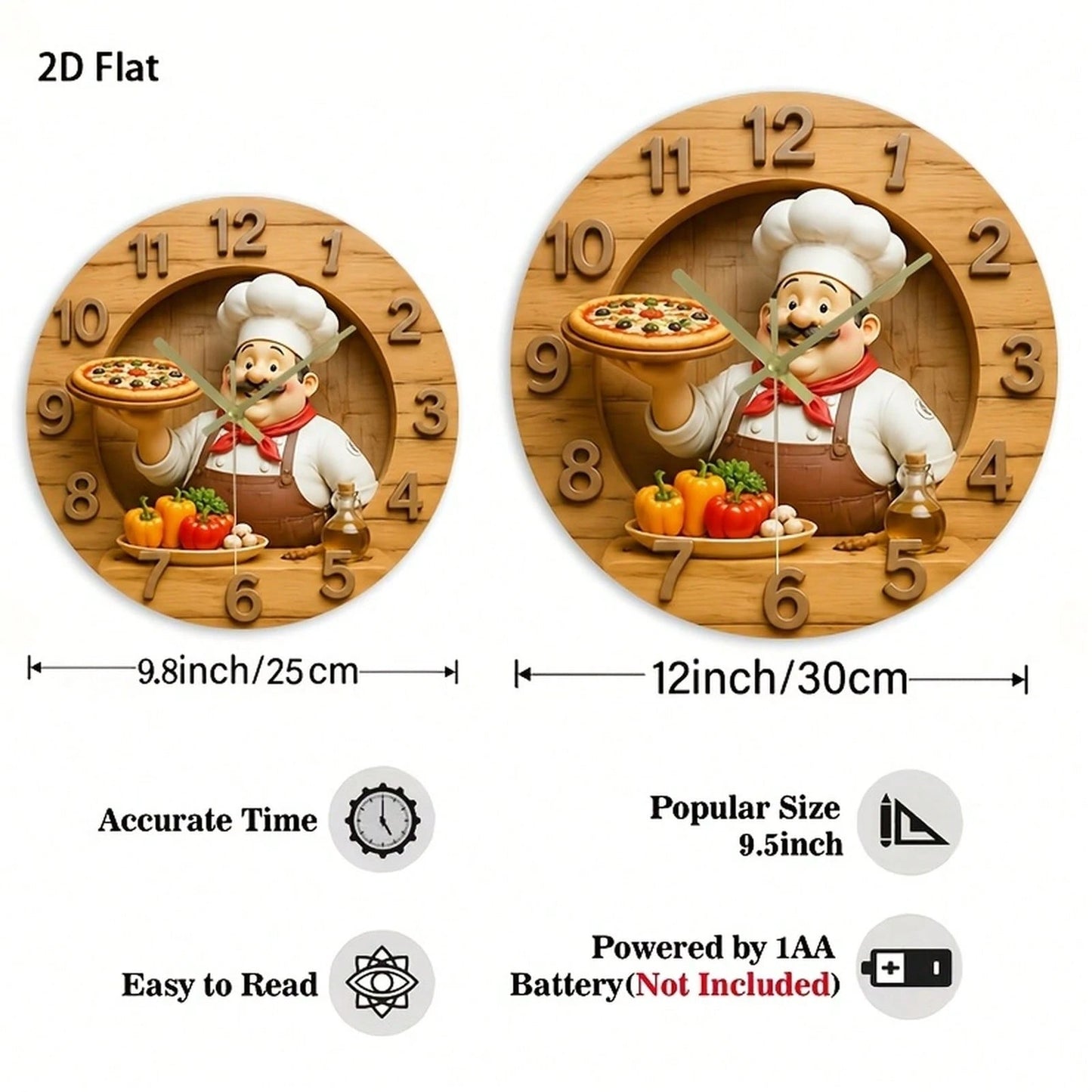 1Pc 2D Flat Retro Fat‑Mustache Chef Pizza Bell Pepper Olive Oil Print Wall Clock, 12Inch Silent Wooden Round Clock For Kitchen Classroom Office Home