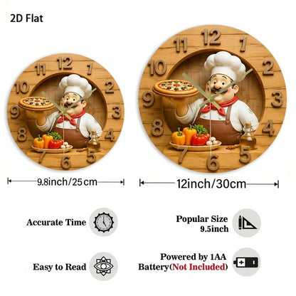 1Pc 2D Flat Retro Fat‑Mustache Chef Pizza Bell Pepper Olive Oil Print Wall Clock, 12Inch Silent Wooden Round Clock For Kitchen Classroom Office Home