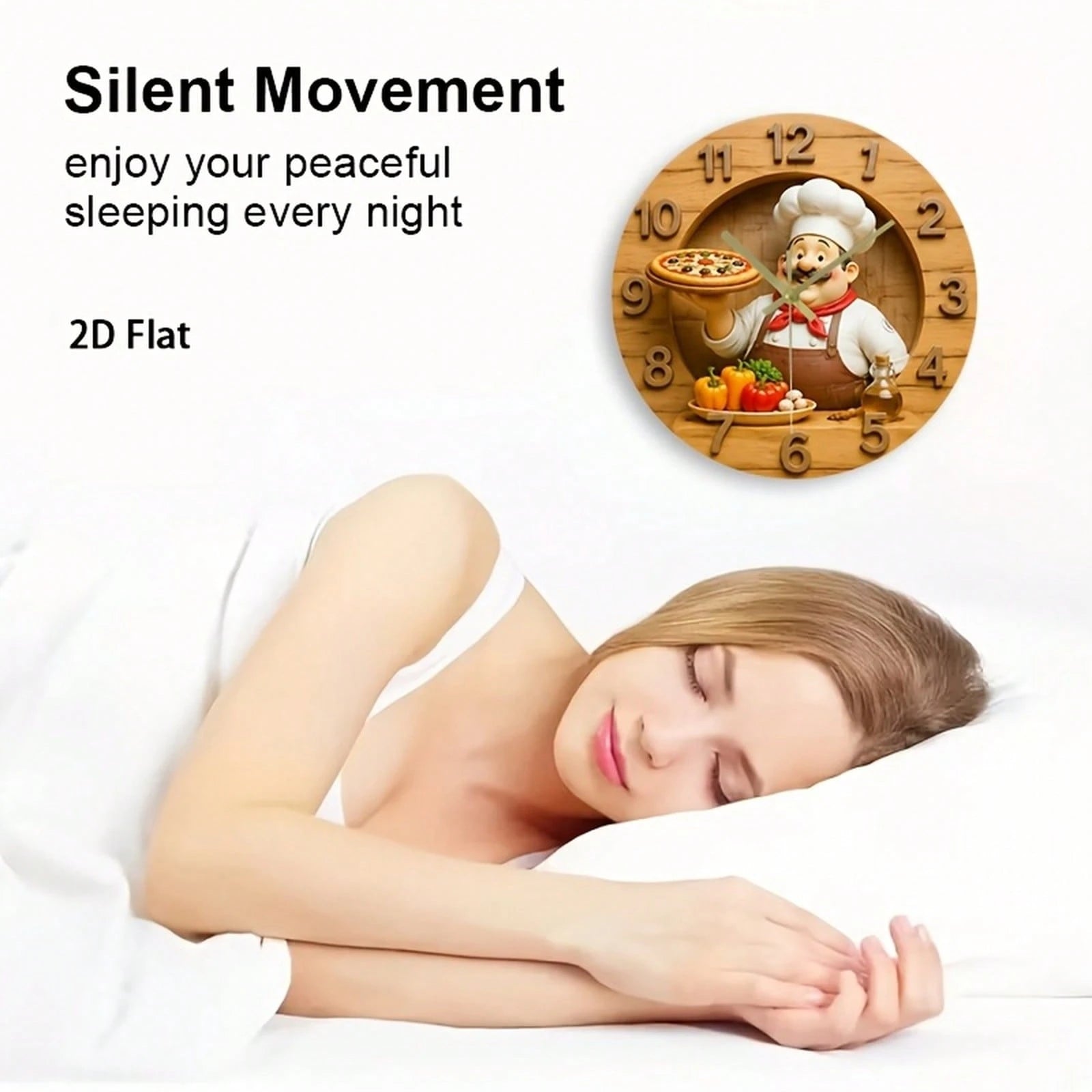 1Pc 2D Flat Retro Fat‑Mustache Chef Pizza Bell Pepper Olive Oil Print Wall Clock, 12Inch Silent Wooden Round Clock For Kitchen Classroom Office Home
