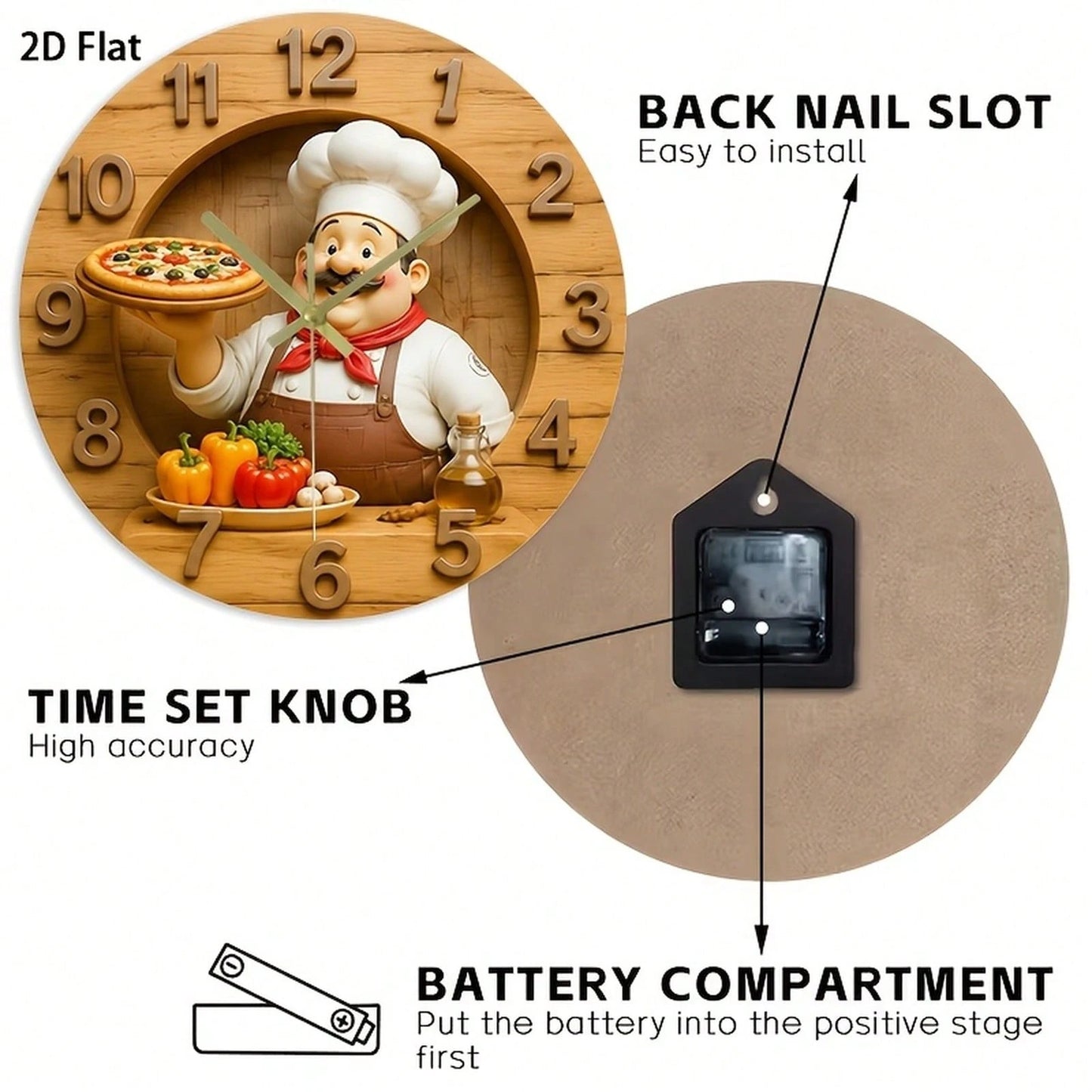 1Pc 2D Flat Retro Fat‑Mustache Chef Pizza Bell Pepper Olive Oil Print Wall Clock, 12Inch Silent Wooden Round Clock For Kitchen Classroom Office Home