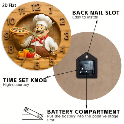 1Pc 2D Flat Retro Fat‑Mustache Chef Pizza Bell Pepper Olive Oil Print Wall Clock, 12Inch Silent Wooden Round Clock For Kitchen Classroom Office Home