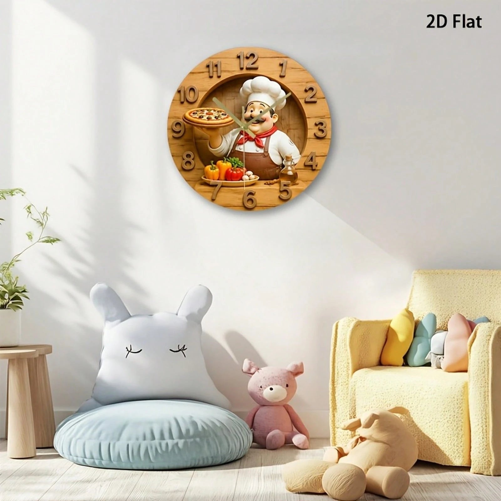 1Pc 2D Flat Retro Fat‑Mustache Chef Pizza Bell Pepper Olive Oil Print Wall Clock, 12Inch Silent Wooden Round Clock For Kitchen Classroom Office Home