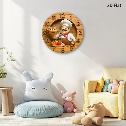 1Pc 2D Flat Retro Fat‑Mustache Chef Pizza Bell Pepper Olive Oil Print Wall Clock, 12Inch Silent Wooden Round Clock For Kitchen Classroom Office Home