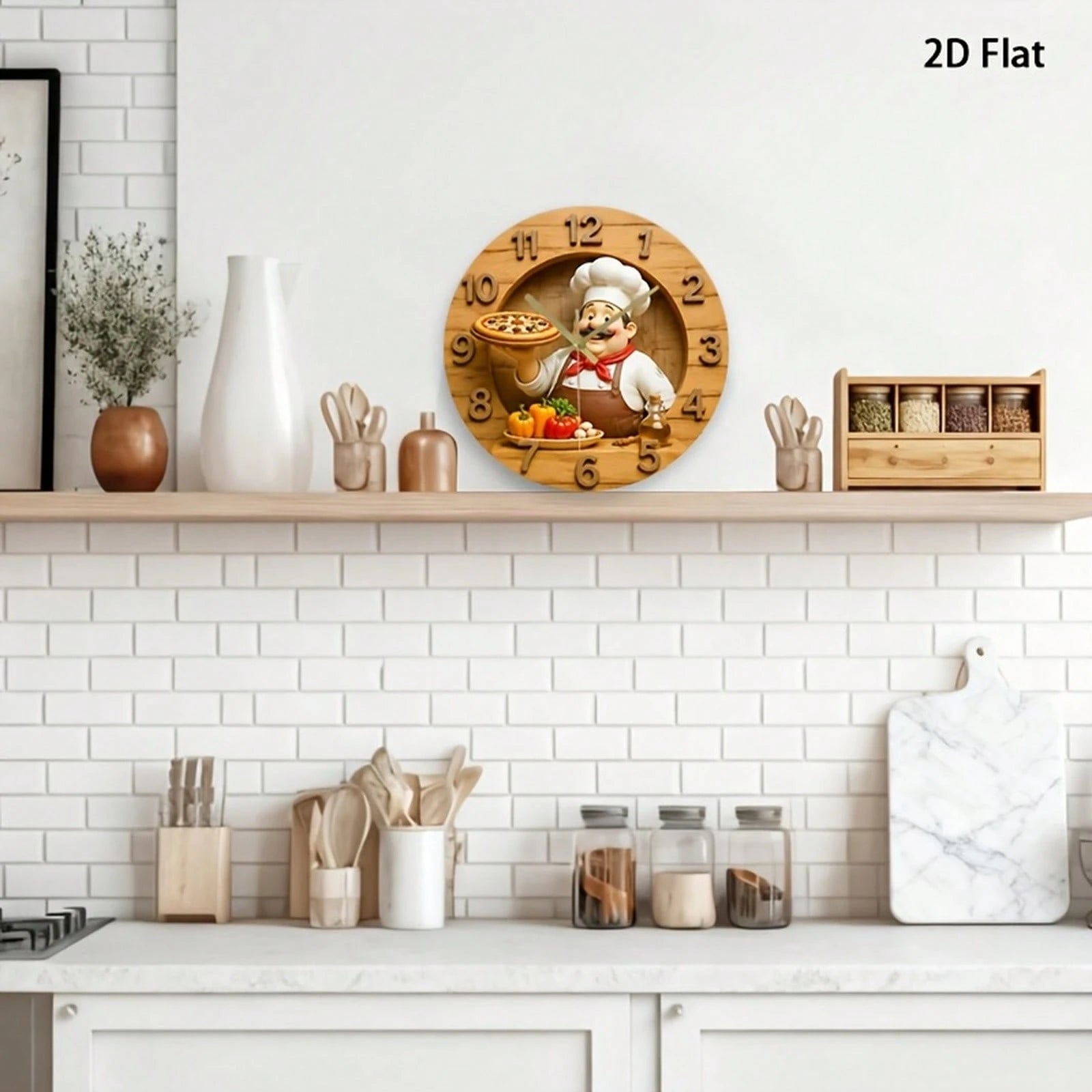 1Pc 2D Flat Retro Fat‑Mustache Chef Pizza Bell Pepper Olive Oil Print Wall Clock, 12Inch Silent Wooden Round Clock For Kitchen Classroom Office Home
