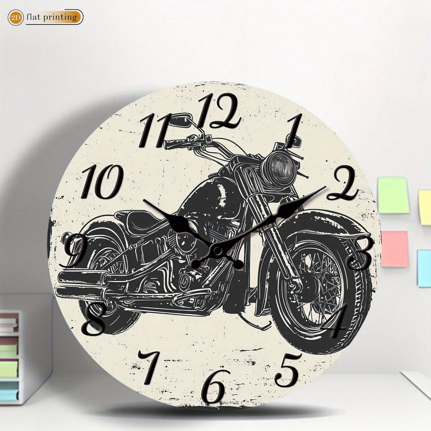1Pc 2D Flat Vintage Motorcycle Print Wall Clock, 12Inch Silent Wooden Round Clock For Living Room Kitchen Dining Room, Retro Home Decor Gift
