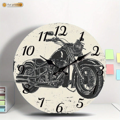 1Pc 2D Flat Vintage Motorcycle Print Wall Clock, 12Inch Silent Wooden Round Clock For Living Room Kitchen Dining Room, Retro Home Decor Gift