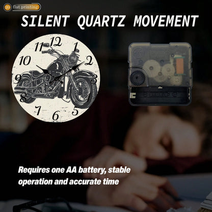 1Pc 2D Flat Vintage Motorcycle Print Wall Clock, 12Inch Silent Wooden Round Clock For Living Room Kitchen Dining Room, Retro Home Decor Gift