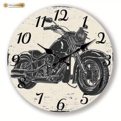1Pc 2D Flat Vintage Motorcycle Print Wall Clock, 12Inch Silent Wooden Round Clock For Living Room Kitchen Dining Room, Retro Home Decor Gift