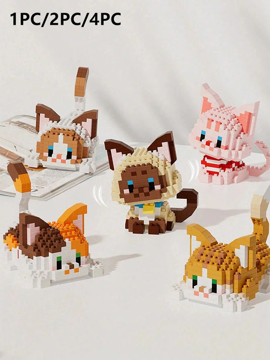 1PC/2pcs/4pcs Cute Cat Series Cartoon Figurine Pet Cat Orange Cat/Calico Cat/Cow Cat/Black Cat/Ragdoll Cat/Siamese Cat Animal Model DIY Creative Assembly Building Block Model Ornament Home Decor Birth