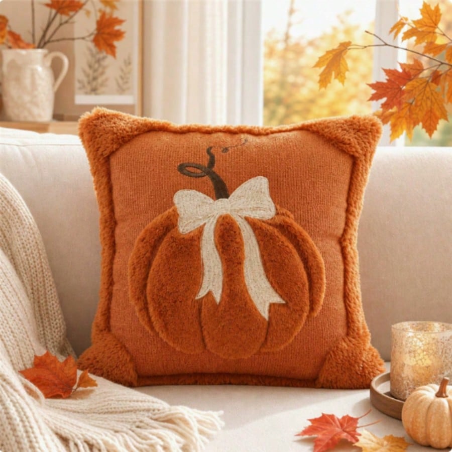 1PC/2PCS Autumn 3D Jacquard Pumpkin Pillowcase, Faux Fur Halloween Throw Pillow Cover, Comfortable Modern Home Style, Pumpkin Bow Design, Suitable For Country Style Sofa, Bedroom, Living Room And Holi