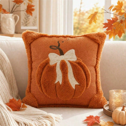 1PC/2PCS Autumn 3D Jacquard Pumpkin Pillowcase, Faux Fur Halloween Throw Pillow Cover, Comfortable Modern Home Style, Pumpkin Bow Design, Suitable For Country Style Sofa, Bedroom, Living Room And Holi