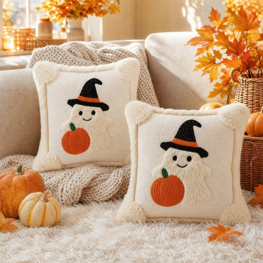 1PC/2PCS Autumn 3D Jacquard Pumpkin Pillowcase, Faux Fur Halloween Throw Pillow Cover, Comfortable Modern Home Decor, Pumpkin Ghost Hat Design, Suitable For Rustic Style Sofa, Bedroom, Living Room And