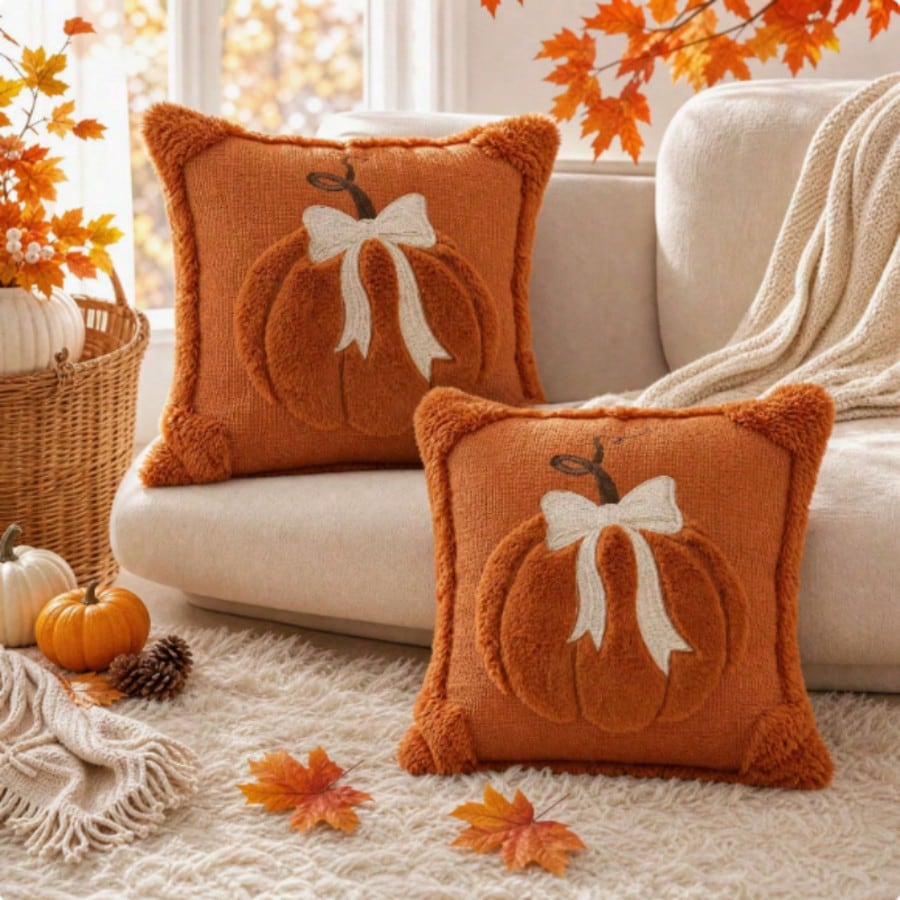 1PC/2PCS Autumn 3D Jacquard Pumpkin Pillowcase, Faux Fur Halloween Throw Pillow Cover, Comfortable Modern Home Style, Pumpkin Bow Design, Suitable For Country Style Sofa, Bedroom, Living Room And Holi