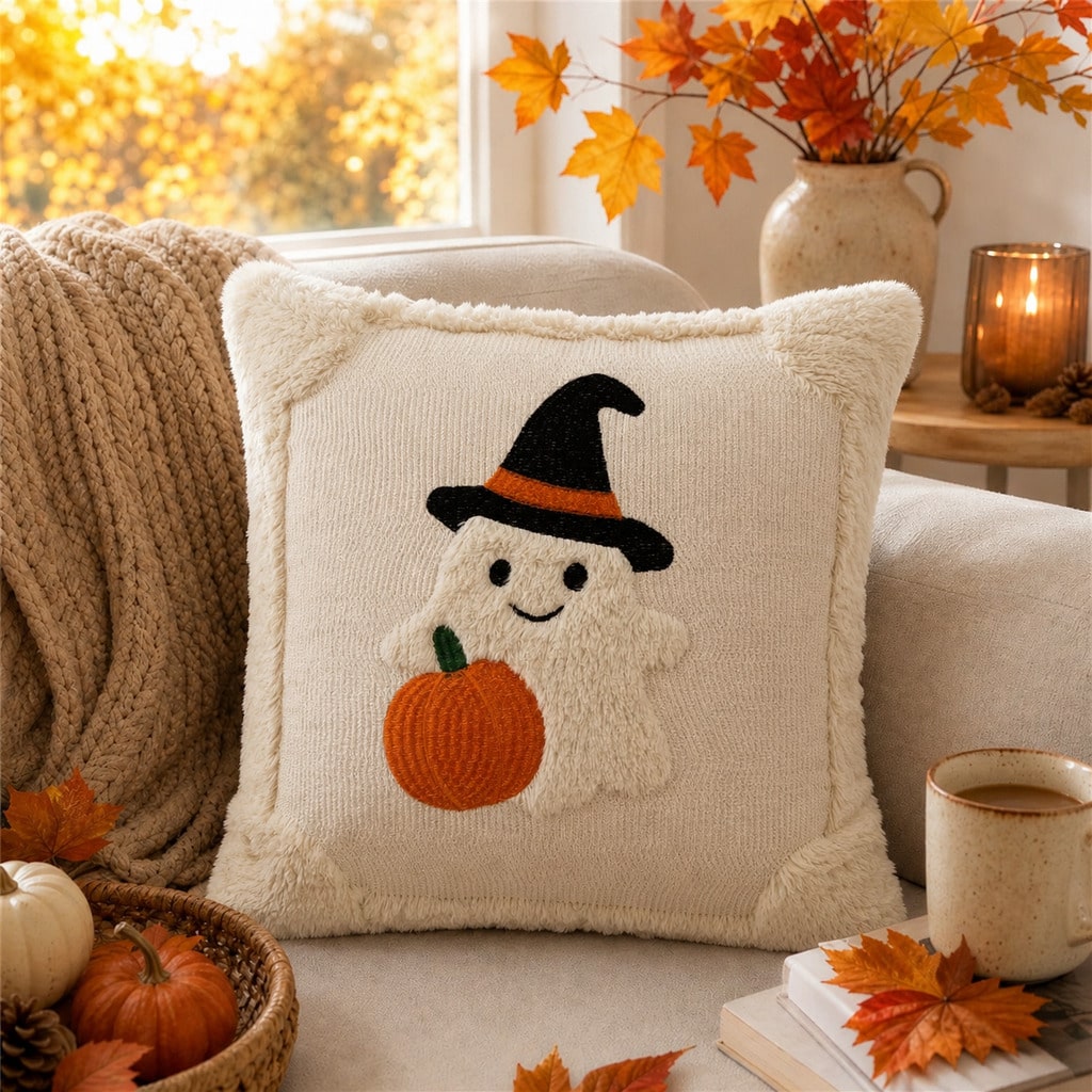 1PC/2PCS Autumn 3D Jacquard Pumpkin Pillowcase, Faux Fur Halloween Throw Pillow Cover, Comfortable Modern Home Decor, Pumpkin Ghost Hat Design, Suitable For Rustic Style Sofa, Bedroom, Living Room And