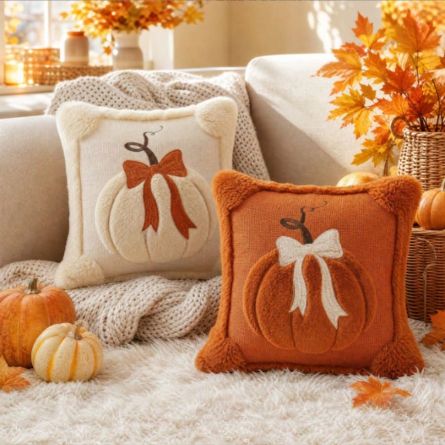 1PC/2PCS Autumn 3D Jacquard Pumpkin Pillowcase, Faux Fur Halloween Throw Pillow Cover, Comfortable Modern Home Style, Pumpkin Bow Design, Suitable For Country Style Sofa, Bedroom, Living Room And Holi