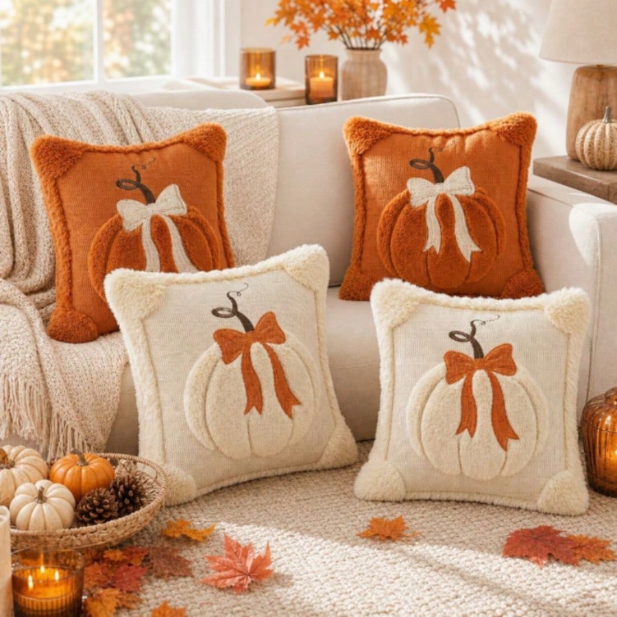 1PC/2PCS Autumn 3D Jacquard Pumpkin Pillowcase, Faux Fur Halloween Throw Pillow Cover, Comfortable Modern Home Style, Pumpkin Bow Design, Suitable For Country Style Sofa, Bedroom, Living Room And Holi