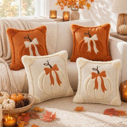 1PC/2PCS Autumn 3D Jacquard Pumpkin Pillowcase, Faux Fur Halloween Throw Pillow Cover, Comfortable Modern Home Style, Pumpkin Bow Design, Suitable For Country Style Sofa, Bedroom, Living Room And Holi