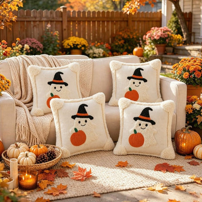 1PC/2PCS Autumn 3D Jacquard Pumpkin Pillowcase, Faux Fur Halloween Throw Pillow Cover, Comfortable Modern Home Decor, Pumpkin Ghost Hat Design, Suitable For Rustic Style Sofa, Bedroom, Living Room And