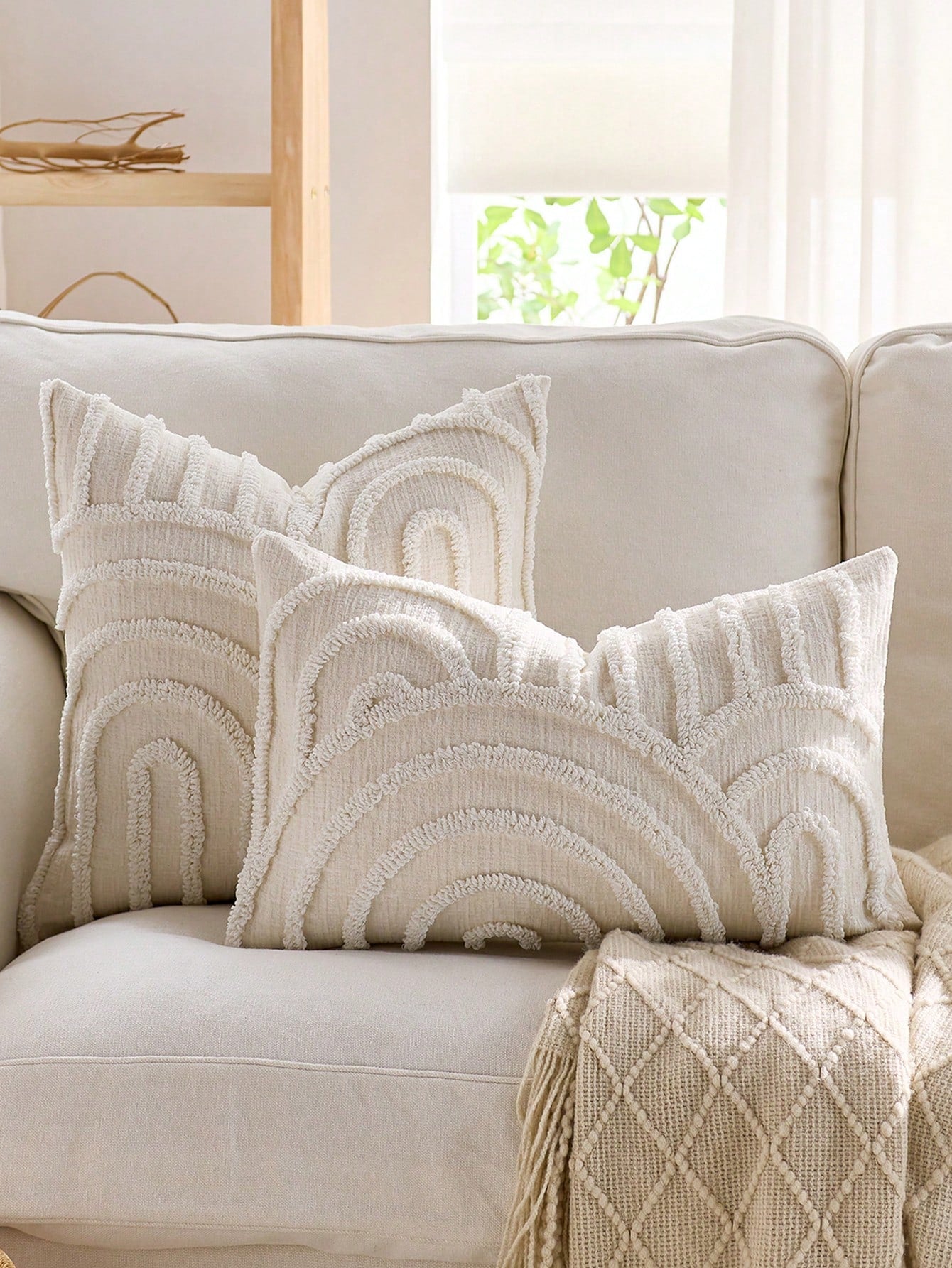 1pc/2pcs Set Semi-Circular Geometric Pattern Pillowcase, Canvas Round Velvet Embroidered Square Cushion Cover, Suitable For Bedroom, Living Room, Sofa, Patio, Garden Decoration And Daily Use, Pillow I