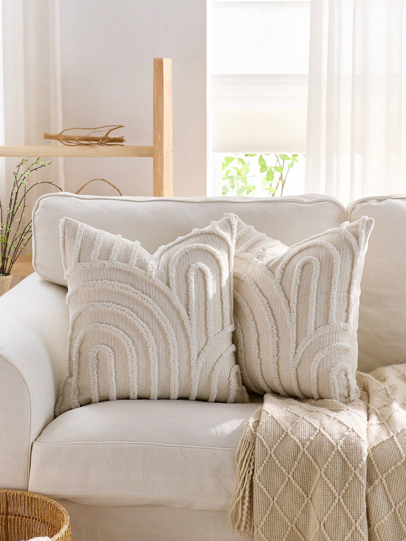 1pc/2pcs Set Semi-Circular Geometric Pattern Pillowcase, Canvas Round Velvet Embroidered Square Cushion Cover, Suitable For Bedroom, Living Room, Sofa, Patio, Garden Decoration And Daily Use, Pillow I