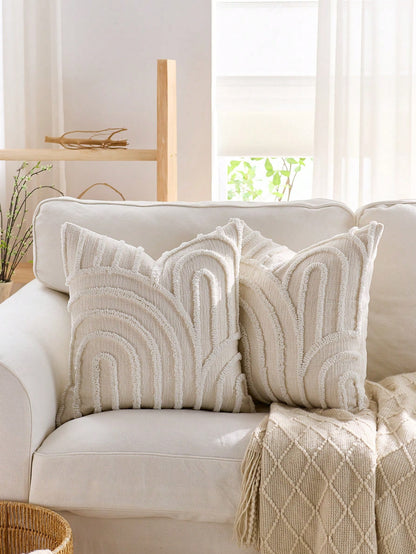 1pc/2pcs Set Semi-Circular Geometric Pattern Pillowcase, Canvas Round Velvet Embroidered Square Cushion Cover, Suitable For Bedroom, Living Room, Sofa, Patio, Garden Decoration And Daily Use, Pillow I