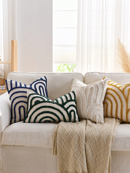 1pc/2pcs Set Semi-Circular Geometric Pattern Pillowcase, Canvas Round Velvet Embroidered Square Cushion Cover, Suitable For Bedroom, Living Room, Sofa, Patio, Garden Decoration And Daily Use, Pillow I
