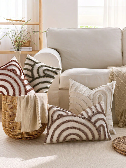 1pc/2pcs Set Semi-Circular Geometric Pattern Pillowcase, Canvas Round Velvet Embroidered Square Cushion Cover, Suitable For Bedroom, Living Room, Sofa, Patio, Garden Decoration And Daily Use, Pillow I