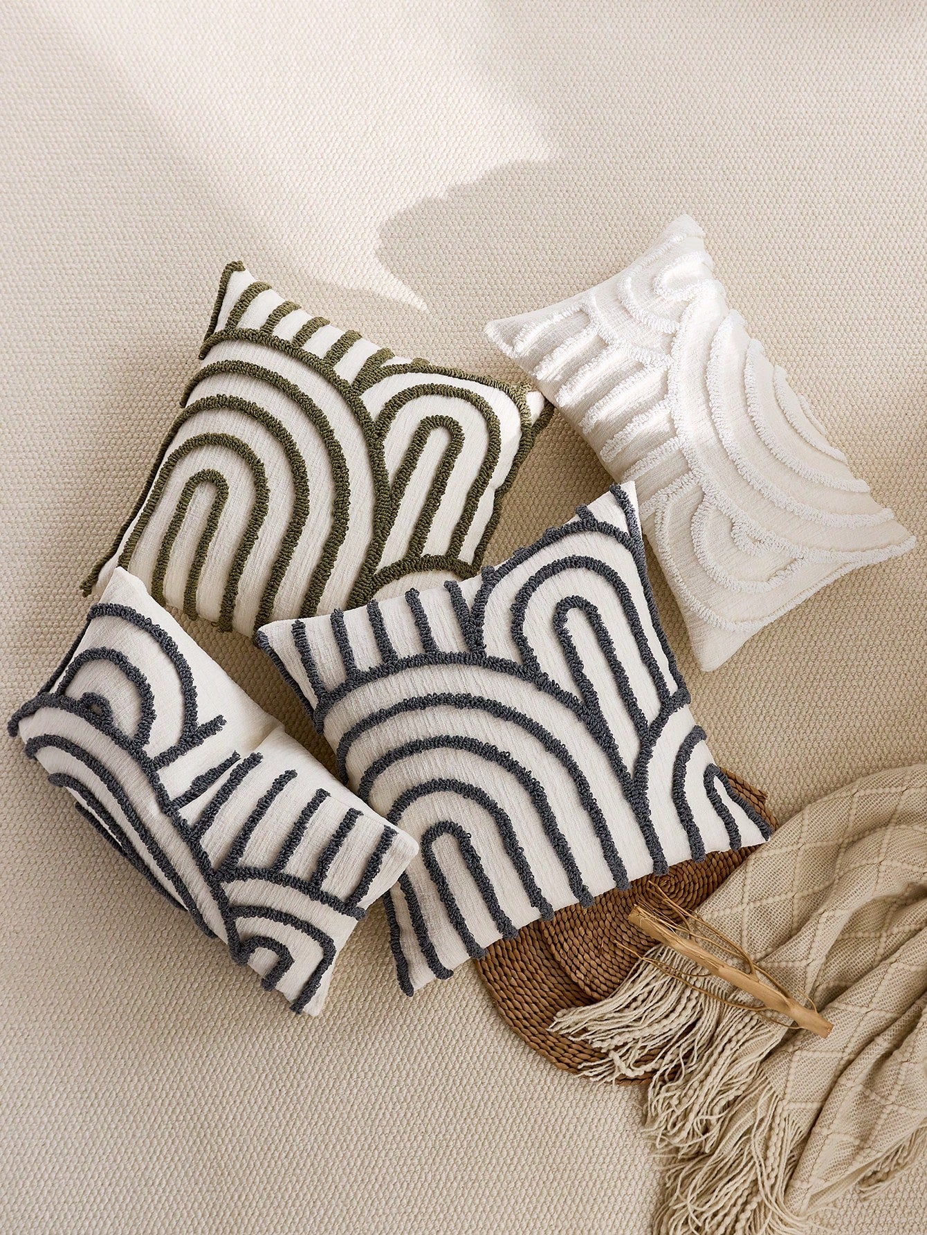 1pc/2pcs Set Semi-Circular Geometric Pattern Pillowcase, Canvas Round Velvet Embroidered Square Cushion Cover, Suitable For Bedroom, Living Room, Sofa, Patio, Garden Decoration And Daily Use, Pillow I