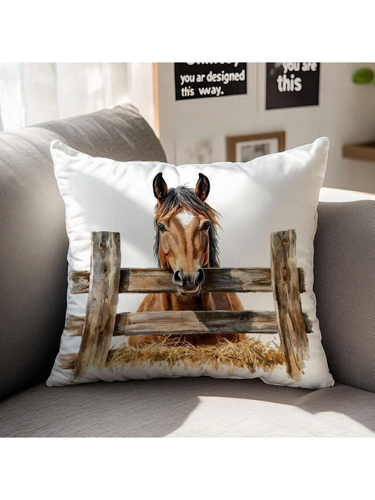 1pc/2pcs Simple Fenced Horse Decorative Pillow Case, Single-Sided Print Soft Peach Velvet Fabric, 45*45CM/18*18inch Pillowcase For Modern Fabric Sofa Indoor Decor, Party Decor, Gift