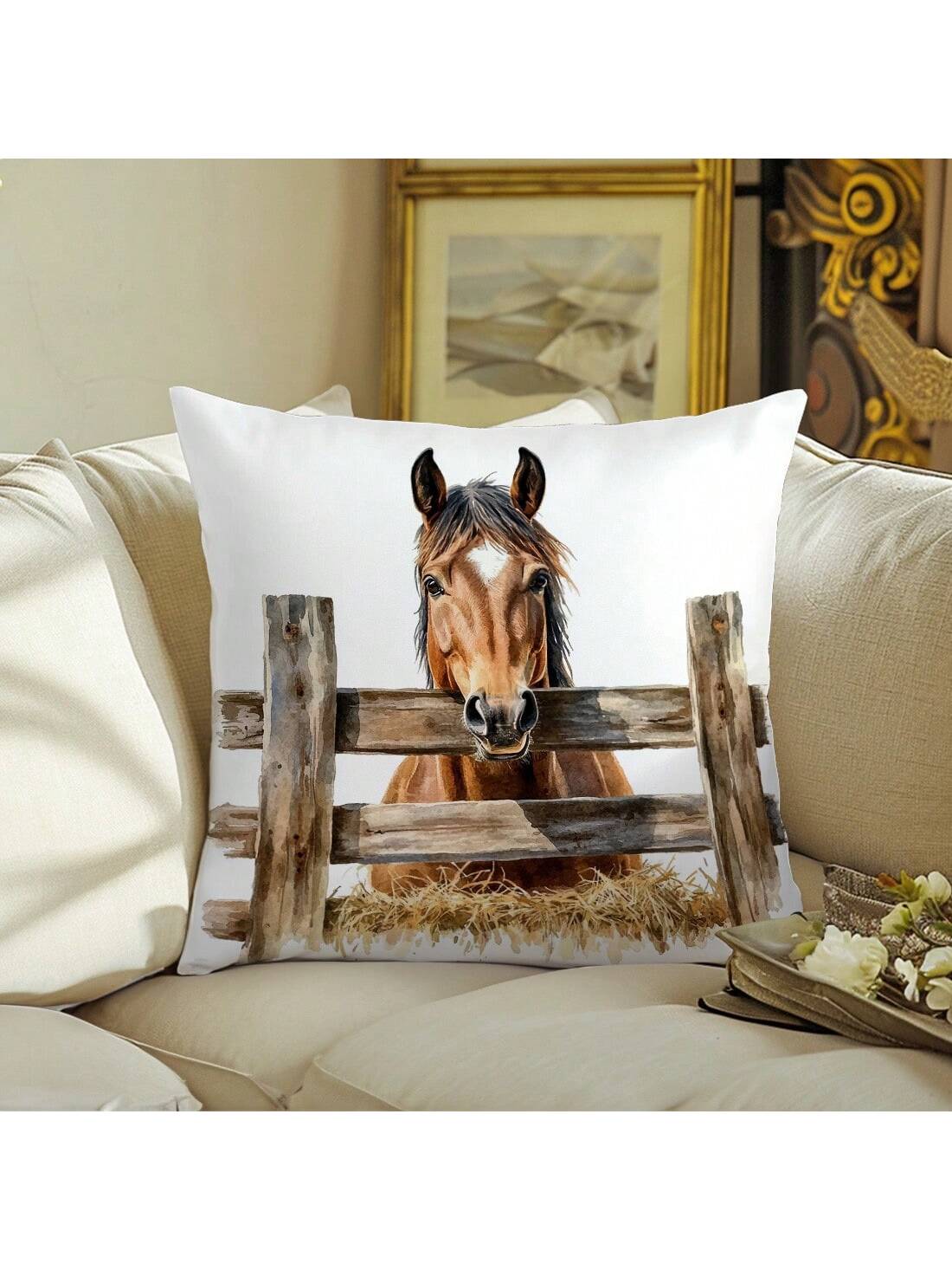 1pc/2pcs Simple Fenced Horse Decorative Pillow Case, Single-Sided Print Soft Peach Velvet Fabric, 45*45CM/18*18inch Pillowcase For Modern Fabric Sofa Indoor Decor, Party Decor, Gift