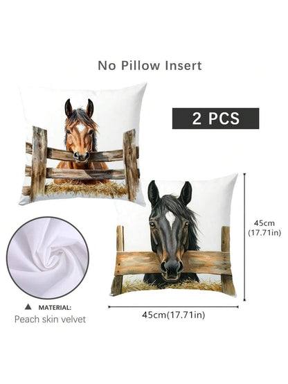 1pc/2pcs Simple Fenced Horse Decorative Pillow Case, Single-Sided Print Soft Peach Velvet Fabric, 45*45CM/18*18inch Pillowcase For Modern Fabric Sofa Indoor Decor, Party Decor, Gift