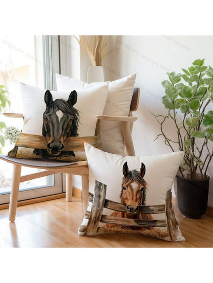 1pc/2pcs Simple Fenced Horse Decorative Pillow Case, Single-Sided Print Soft Peach Velvet Fabric, 45*45CM/18*18inch Pillowcase For Modern Fabric Sofa Indoor Decor, Party Decor, Gift