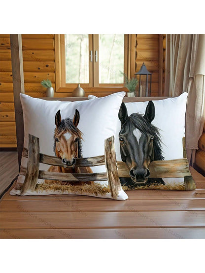 1pc/2pcs Simple Fenced Horse Decorative Pillow Case, Single-Sided Print Soft Peach Velvet Fabric, 45*45CM/18*18inch Pillowcase For Modern Fabric Sofa Indoor Decor, Party Decor, Gift