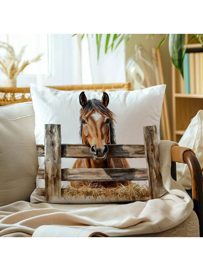 1pc/2pcs Simple Fenced Horse Decorative Pillow Case, Single-Sided Print Soft Peach Velvet Fabric, 45*45CM/18*18inch Pillowcase For Modern Fabric Sofa Indoor Decor, Party Decor, Gift