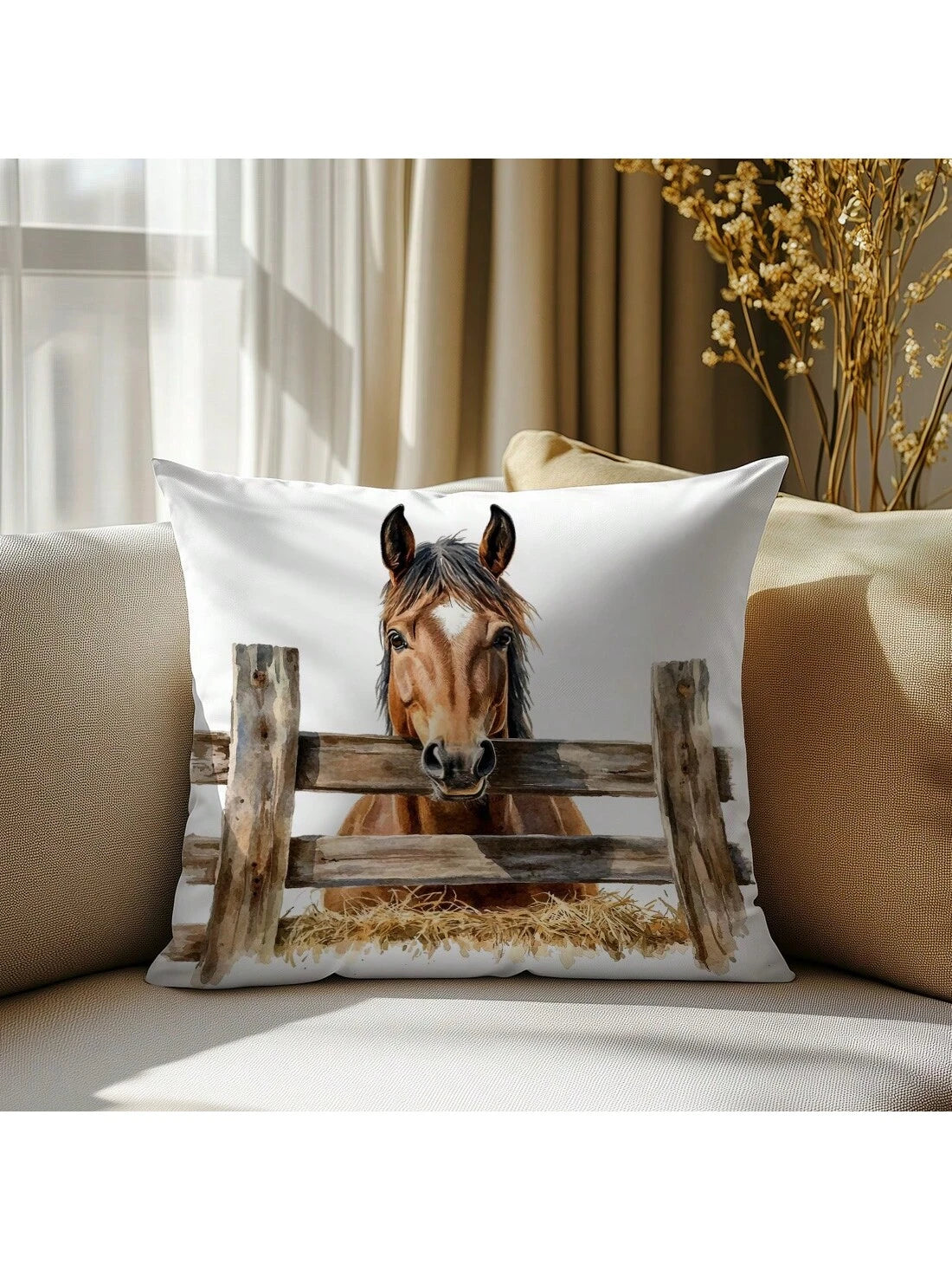 1pc/2pcs Simple Fenced Horse Decorative Pillow Case, Single-Sided Print Soft Peach Velvet Fabric, 45*45CM/18*18inch Pillowcase For Modern Fabric Sofa Indoor Decor, Party Decor, Gift