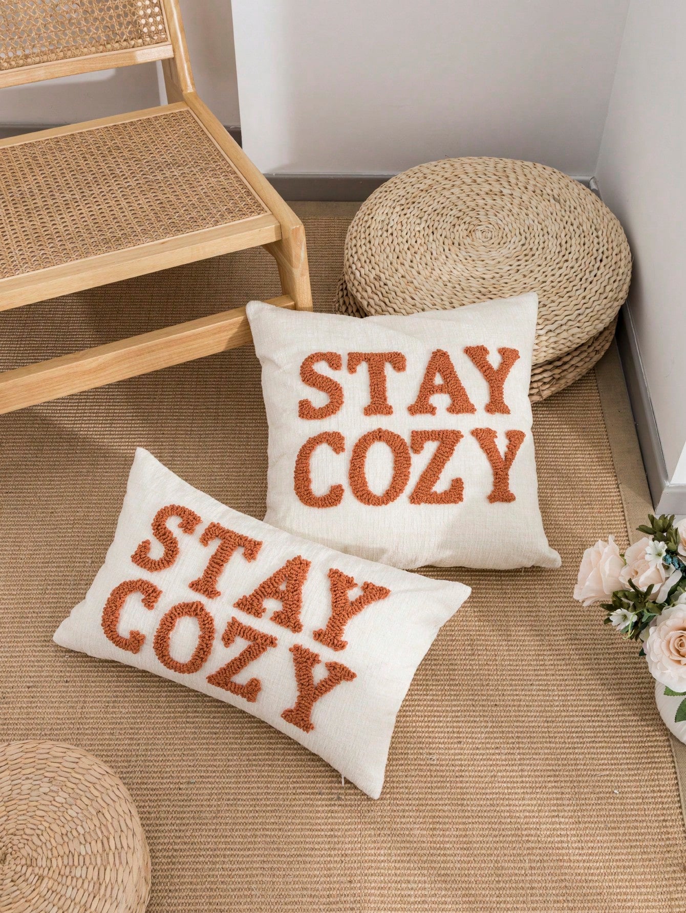 1pc/2pcs STAYCOZY Slogan Throw Pillow Cover, Chenille Fabric Nordic Style Embroidered Plush Cushion Cover, Suitable For Beach Chair, Living Room, Garden Sofa, Holiday Room Decor, All Season, 30*50cm