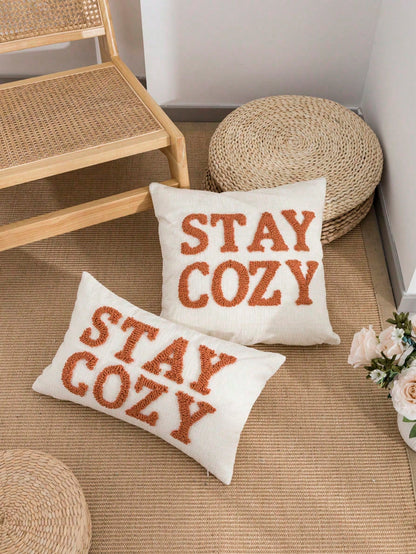 1pc/2pcs STAYCOZY Slogan Throw Pillow Cover, Chenille Fabric Nordic Style Embroidered Plush Cushion Cover, Suitable For Beach Chair, Living Room, Garden Sofa, Holiday Room Decor, All Season, 30*50cm
