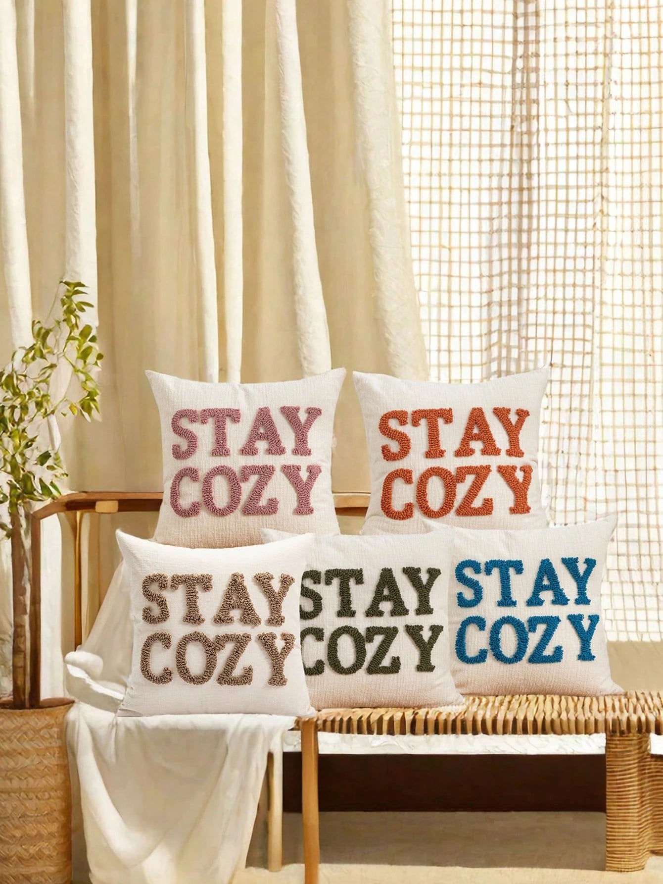 1pc/2pcs STAYCOZY Slogan Throw Pillow Cover, Chenille Fabric Nordic Style Embroidered Plush Cushion Cover, Suitable For Beach Chair, Living Room, Garden Sofa, Holiday Room Decor, All Season, 30*50cm