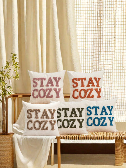1pc/2pcs STAYCOZY Slogan Throw Pillow Cover, Chenille Fabric Nordic Style Embroidered Plush Cushion Cover, Suitable For Beach Chair, Living Room, Garden Sofa, Holiday Room Decor, All Season, 30*50cm