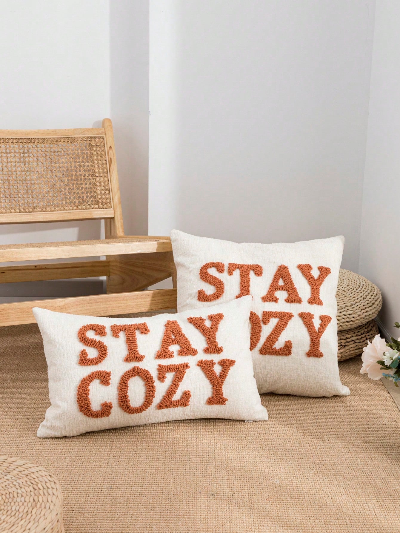 1pc/2pcs STAYCOZY Slogan Throw Pillow Cover, Chenille Fabric Nordic Style Embroidered Plush Cushion Cover, Suitable For Beach Chair, Living Room, Garden Sofa, Holiday Room Decor, All Season, 30*50cm