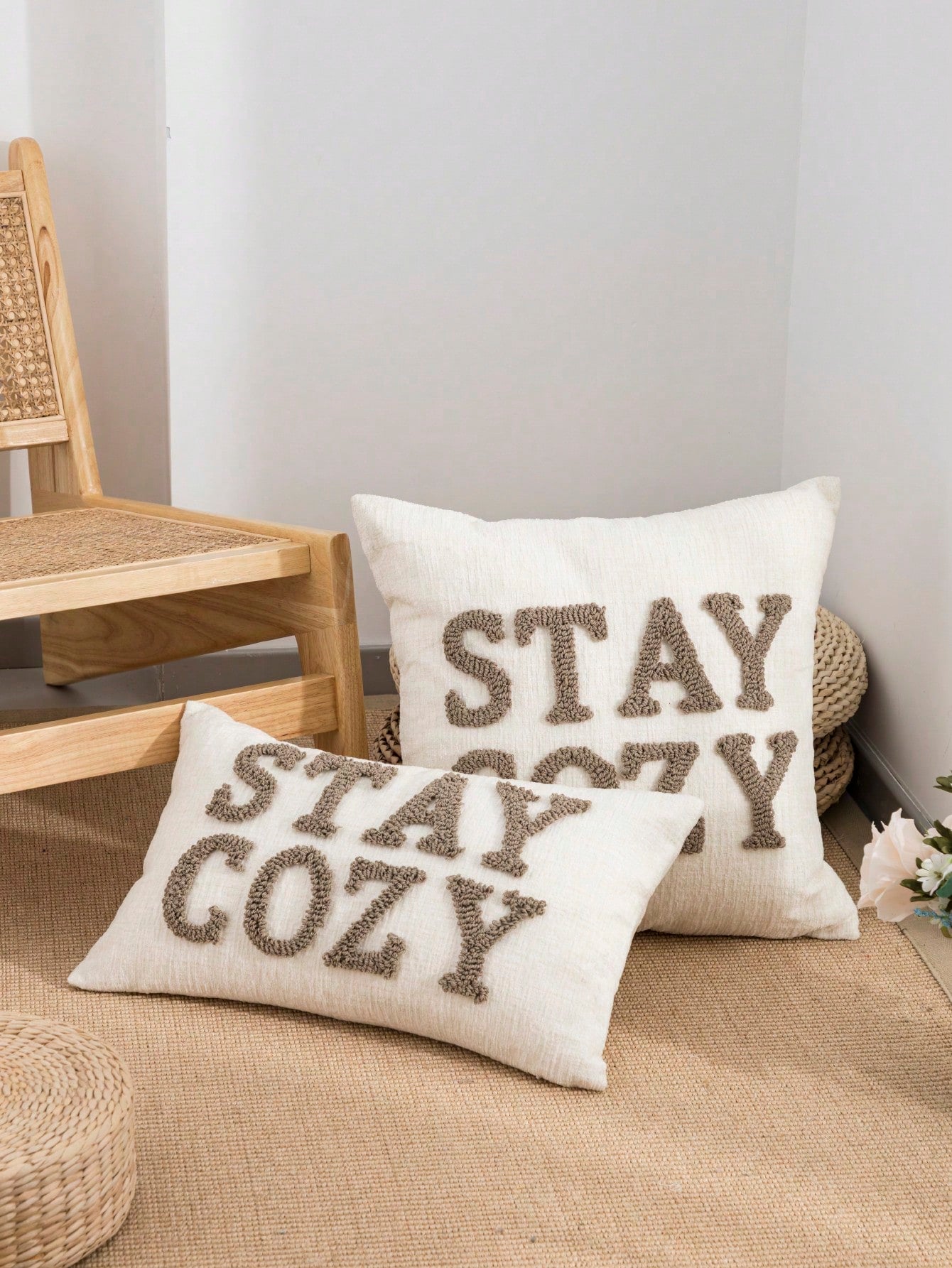 1pc/2pcs STAYCOZY Slogan Throw Pillow Cover, Chenille Fabric Nordic Style Embroidered Plush Cushion Cover, Suitable For Beach Chair, Living Room, Garden Sofa, Holiday Room Decor, All Season, 30*50cm