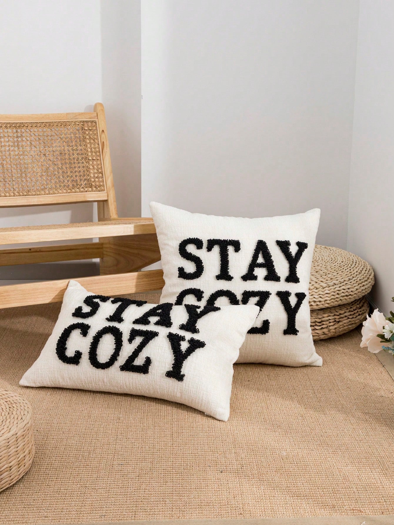1pc/2pcs STAYCOZY Slogan Throw Pillow Cover, Chenille Fabric Nordic Style Embroidered Plush Cushion Cover, Suitable For Beach Chair, Living Room, Garden Sofa, Holiday Room Decor, All Season, 30*50cm