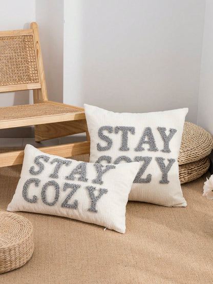 1pc/2pcs STAYCOZY Slogan Throw Pillow Cover, Chenille Fabric Nordic Style Embroidered Plush Cushion Cover, Suitable For Beach Chair, Living Room, Garden Sofa, Holiday Room Decor, All Season, 30*50cm