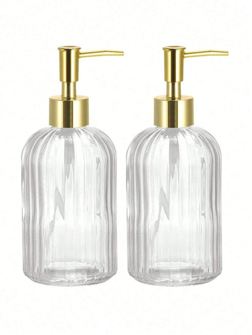 1pc 350ml Glass Soap Dispenser With Rust-Resistant Stainless Steel Pump Head, Vertical Stripe Design, Premium Bathroom Soap Dispenser, Suitable For Kitchen And Bathroom