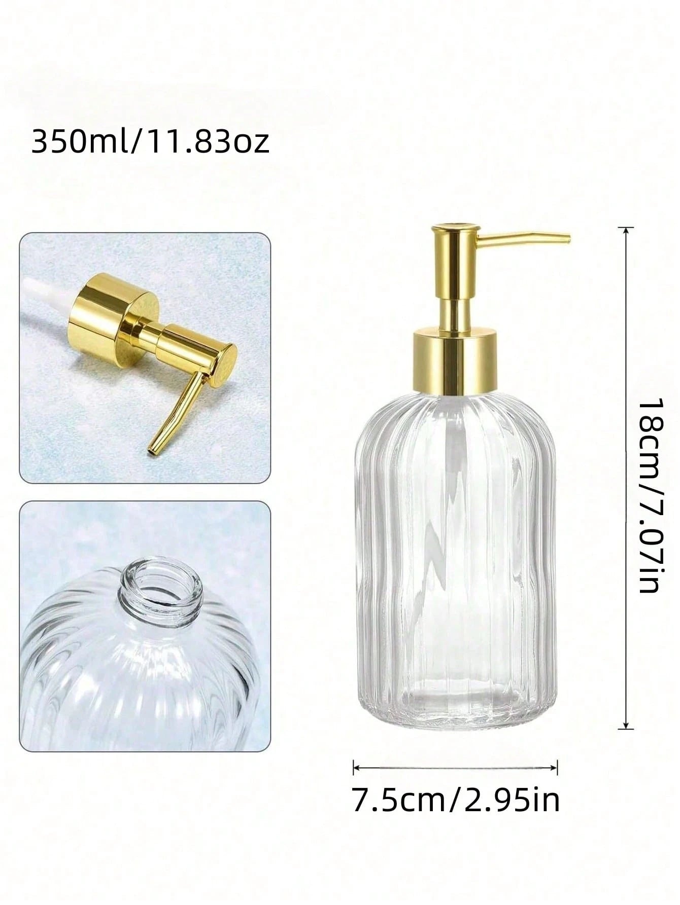 1pc 350ml Glass Soap Dispenser With Rust-Resistant Stainless Steel Pump Head, Vertical Stripe Design, Premium Bathroom Soap Dispenser, Suitable For Kitchen And Bathroom