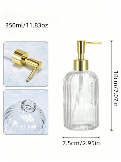 1pc 350ml Glass Soap Dispenser With Rust-Resistant Stainless Steel Pump Head, Vertical Stripe Design, Premium Bathroom Soap Dispenser, Suitable For Kitchen And Bathroom