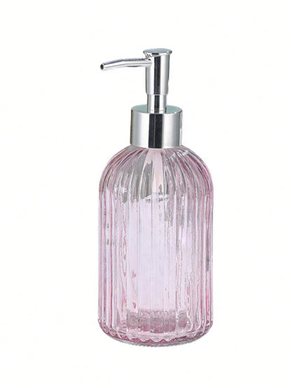 1pc 350ml Glass Soap Dispenser With Rust-Resistant Stainless Steel Pump Head, Vertical Stripe Design, Premium Bathroom Soap Dispenser, Suitable For Kitchen And Bathroom