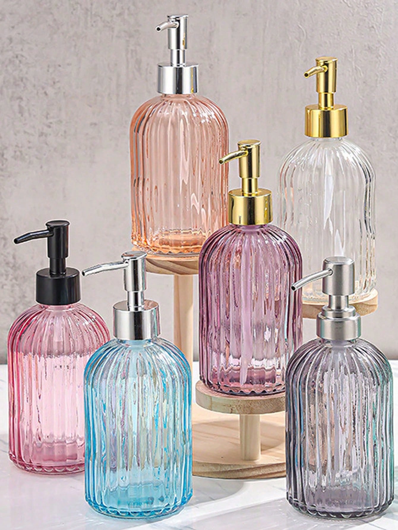 1pc 350ml Glass Soap Dispenser With Rust-Resistant Stainless Steel Pump Head, Vertical Stripe Design, Premium Bathroom Soap Dispenser, Suitable For Kitchen And Bathroom