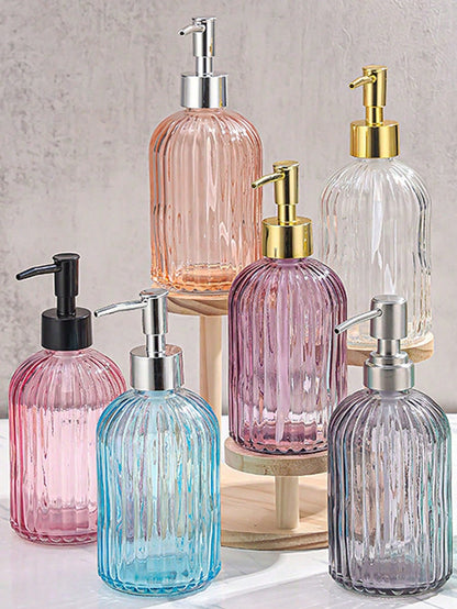 1pc 350ml Glass Soap Dispenser With Rust-Resistant Stainless Steel Pump Head, Vertical Stripe Design, Premium Bathroom Soap Dispenser, Suitable For Kitchen And Bathroom